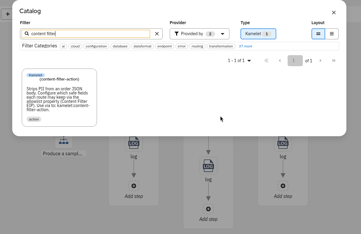 Catalog modal with content filter tile