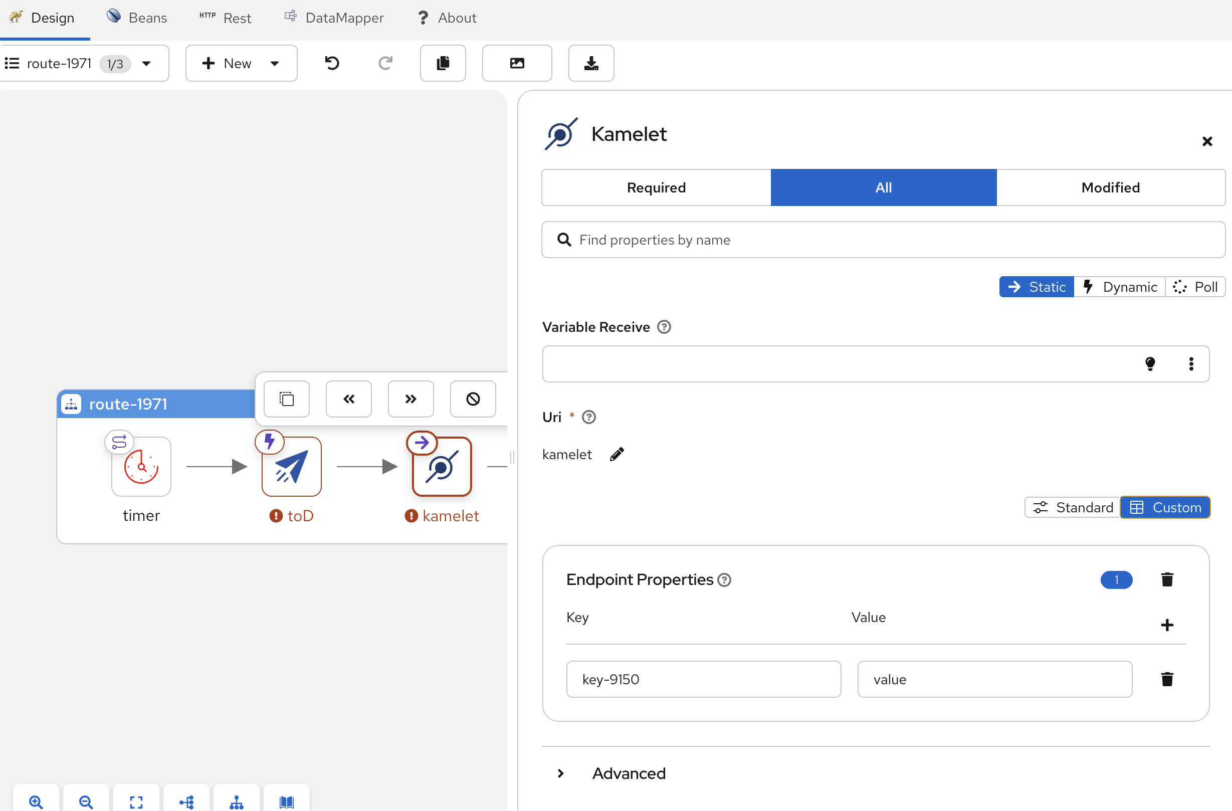 Kamelet component showing key/value configuration format for parameters