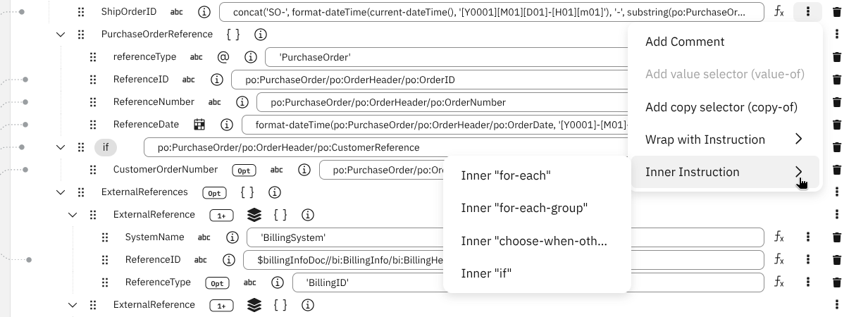 DataMapper context menu showing mapping options