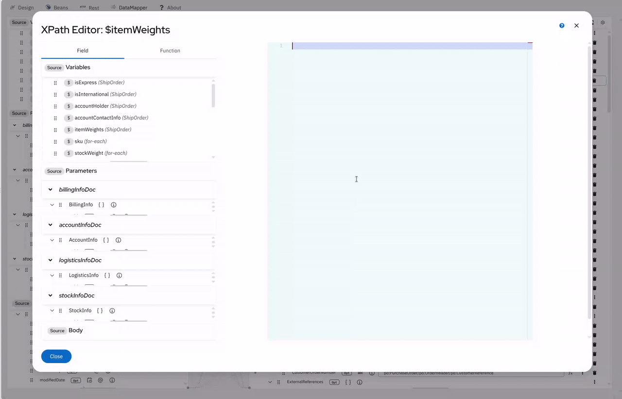 XPath expression editor in the DataMapper