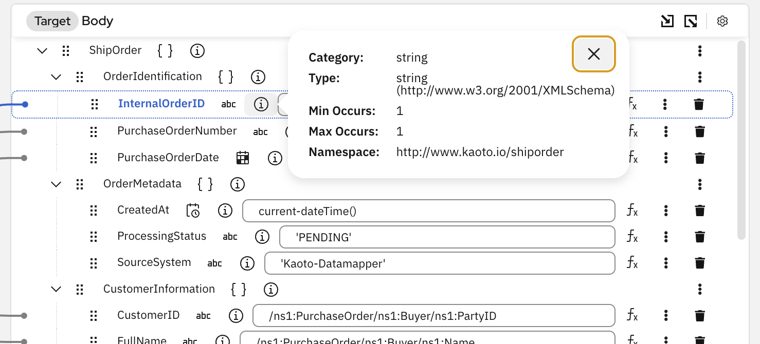DataMapper source panel with field info popover showing type and cardinality