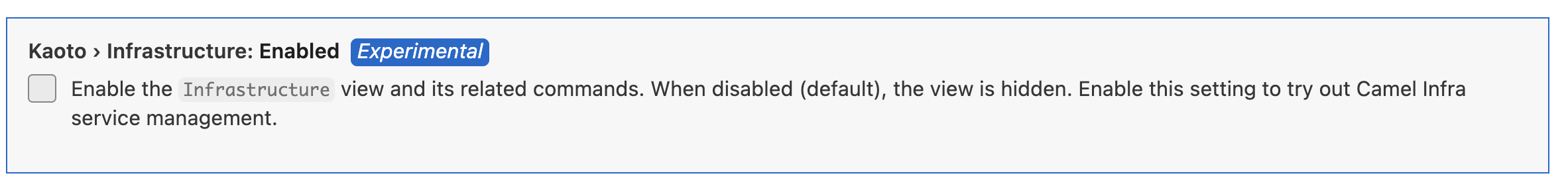 Settings page for enabling the experimental Infrastructure view