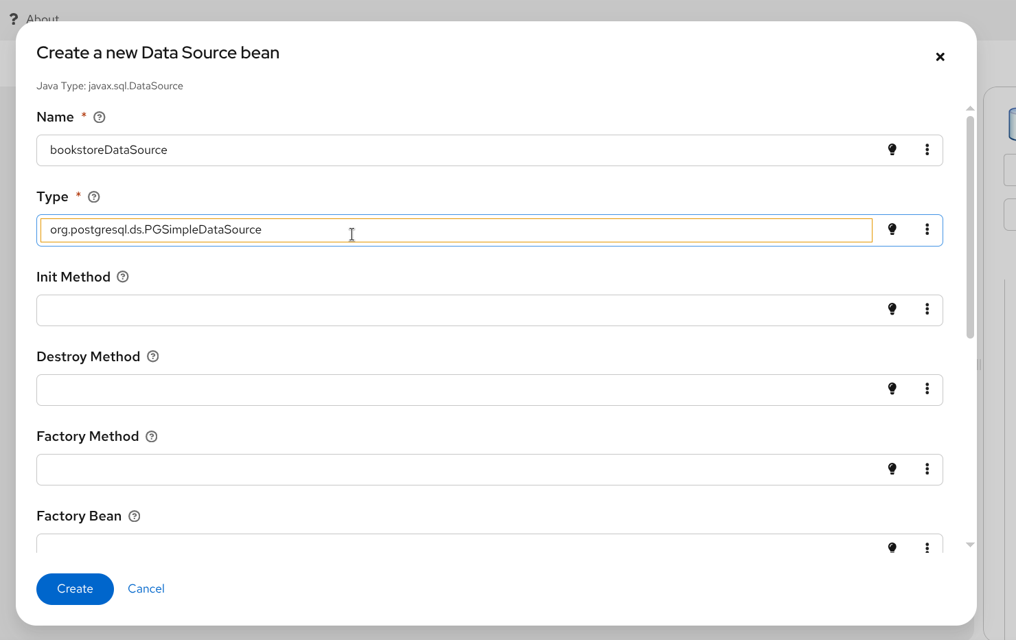 Create new bean modal