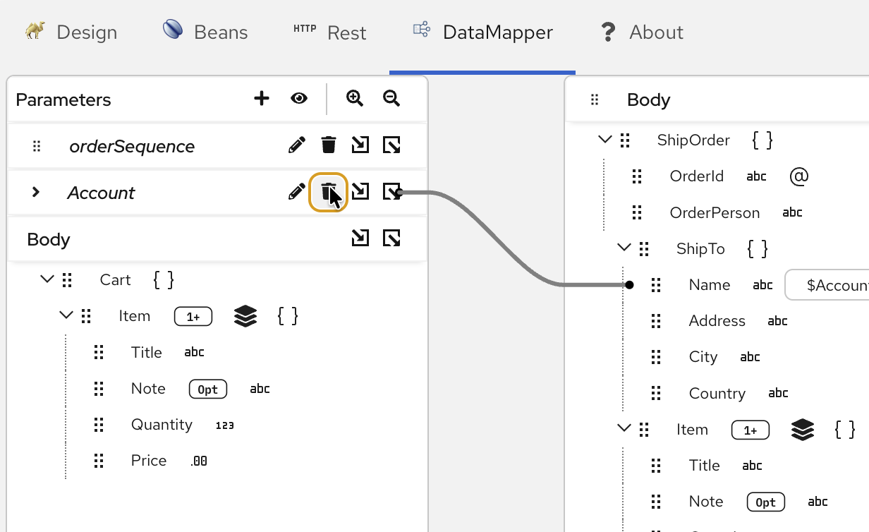 Click trash icon to delete parameter