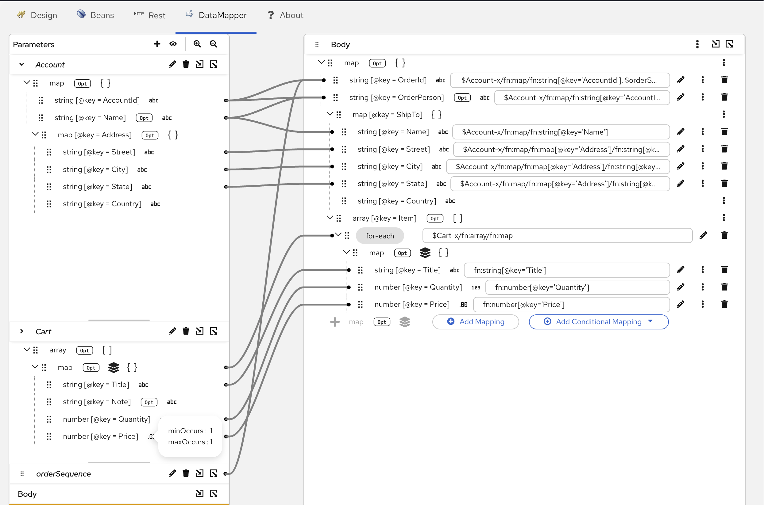 Complete JSON mapping example showing -x suffix usage