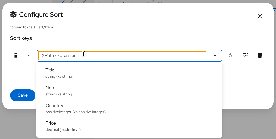 Configure Sort modal with sort key and options