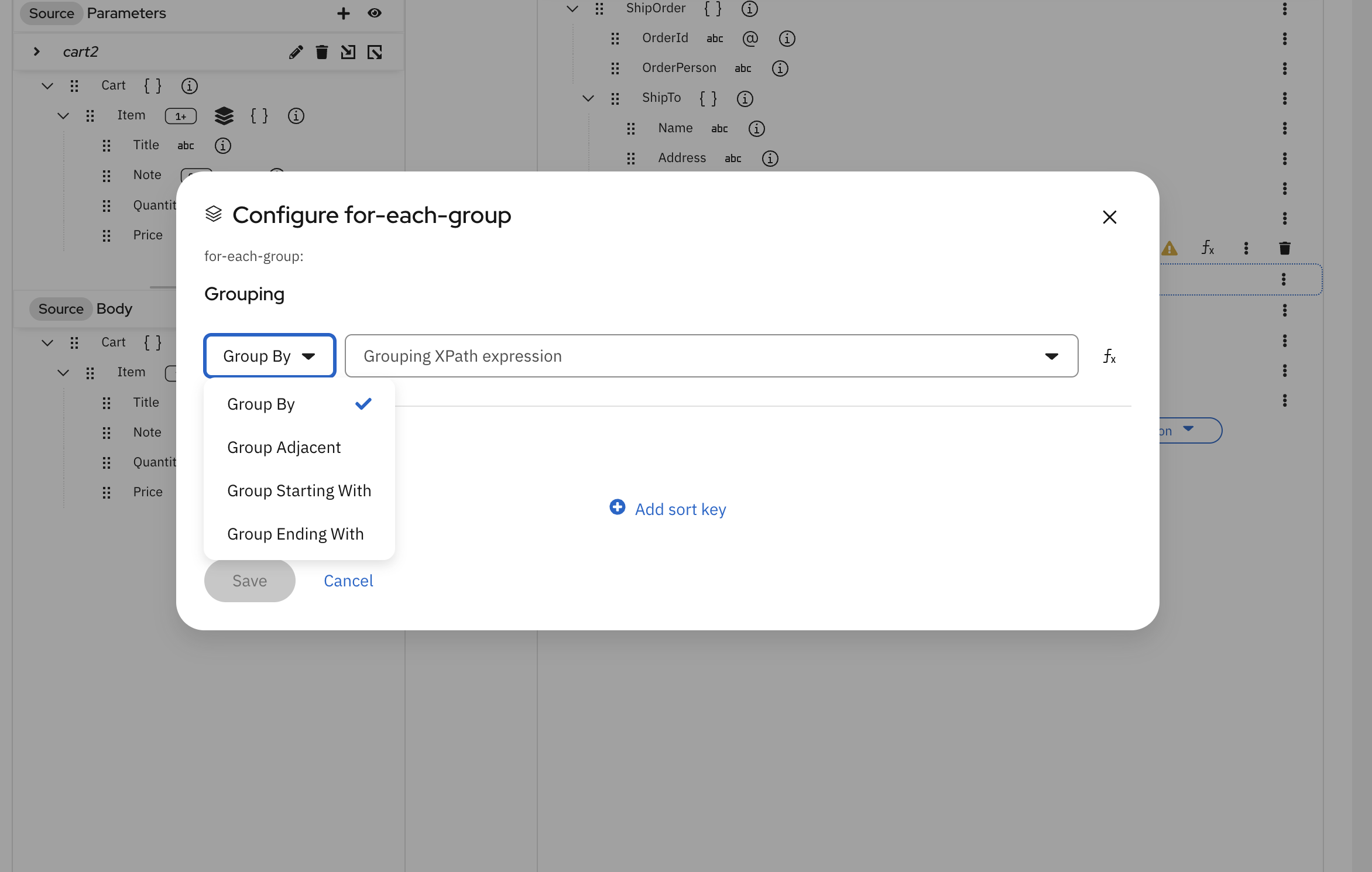 Configure for-each-group modal with strategy dropdown and grouping expression