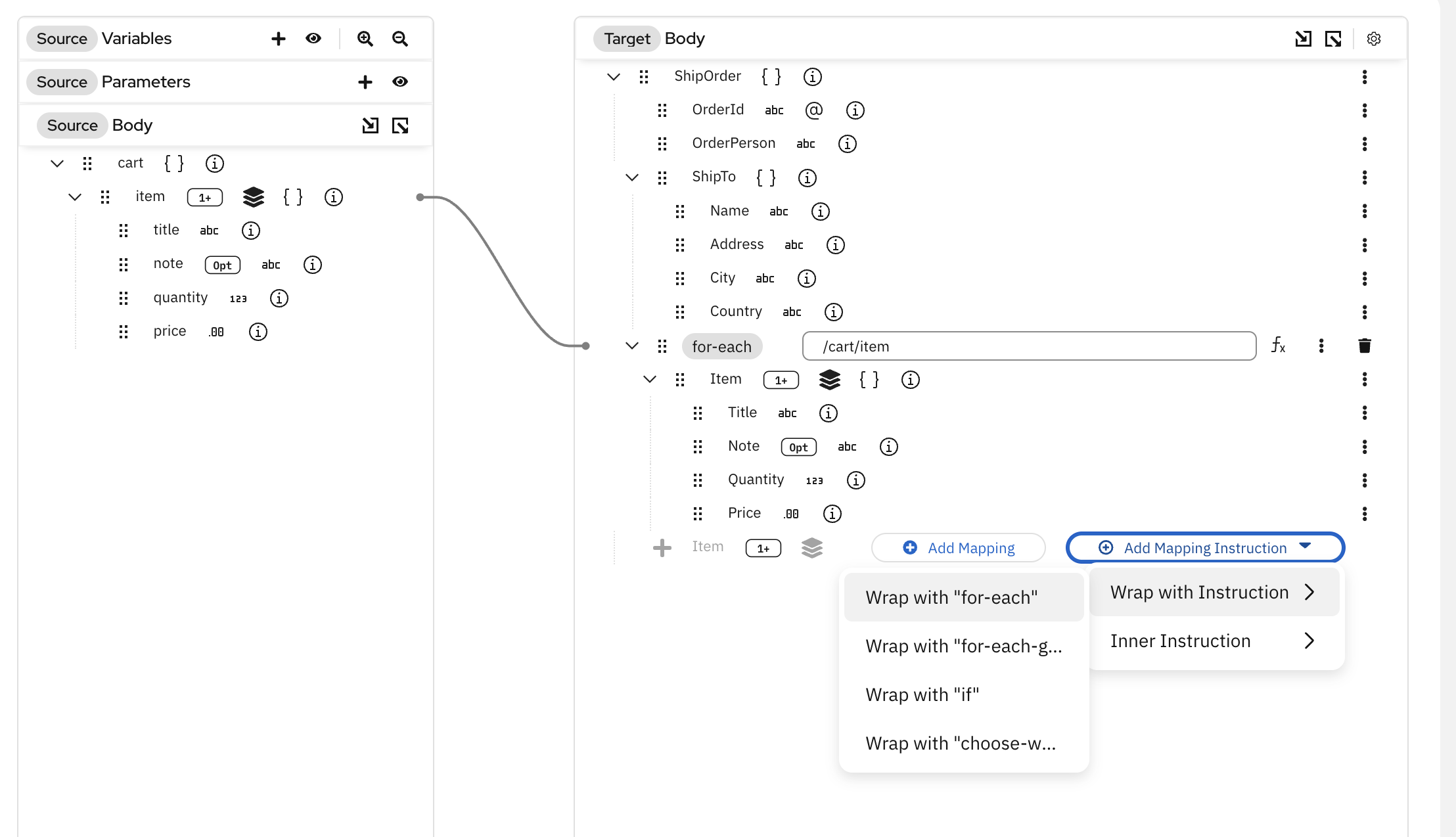 Add Mapping Instruction dropdown with 'Wrap with for-each' selected