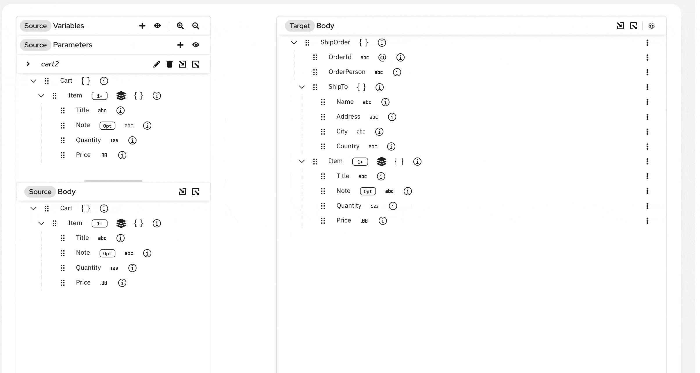 Merging two source collections into a single target collection with multiple for-each mappings