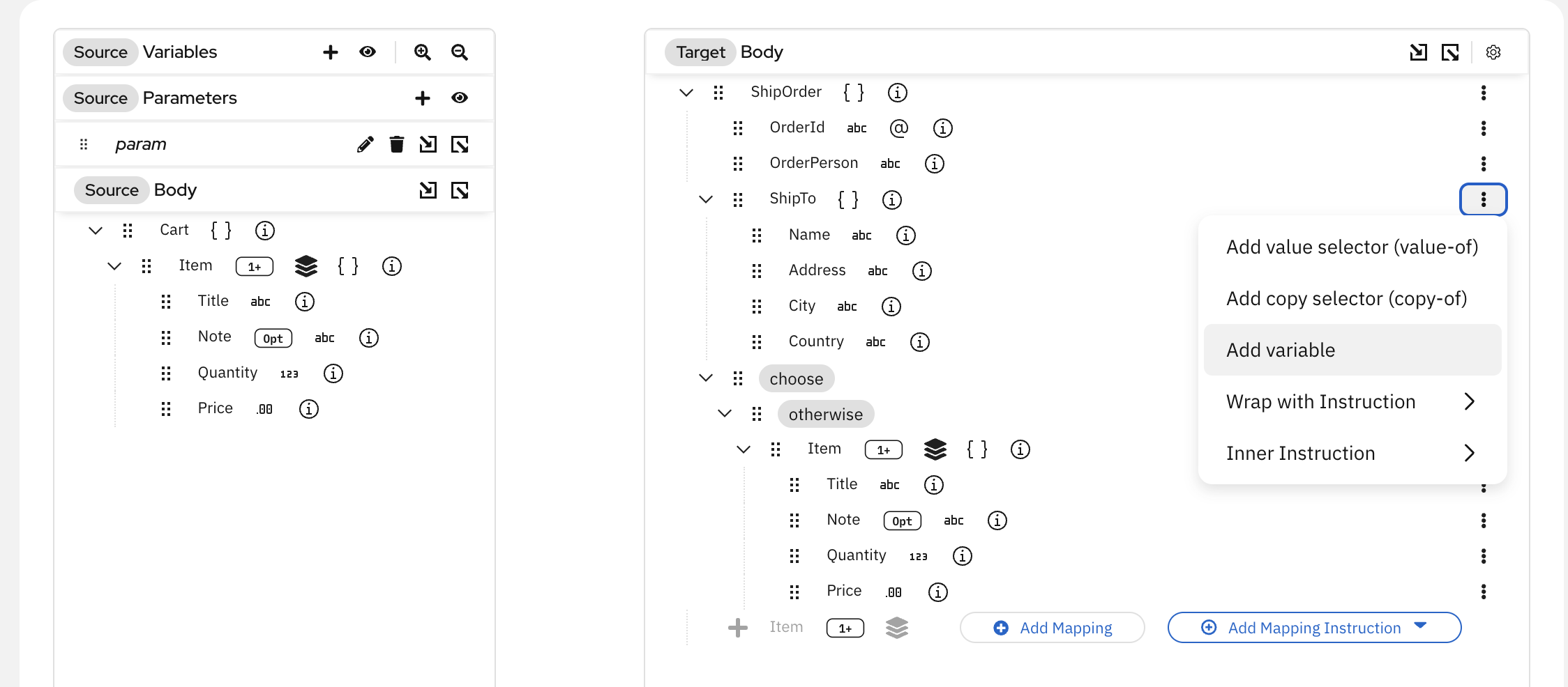 Select 'Add variable' from the ⋮ context menu on a container target field