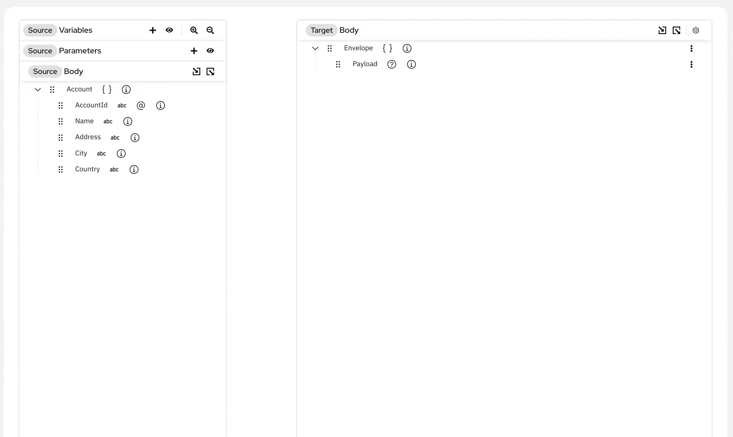 Drag a variable from the Variables panel onto a target field to create a Var:// mapping