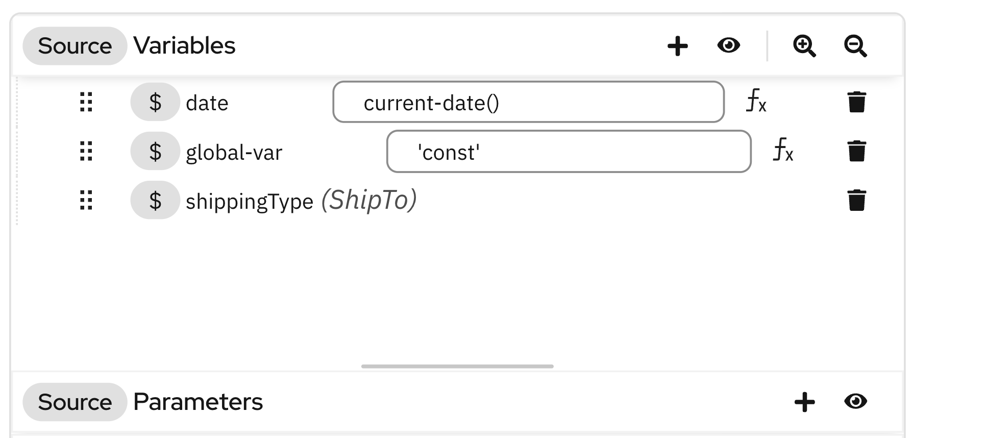 Variables panel in the source tree with global and local variables