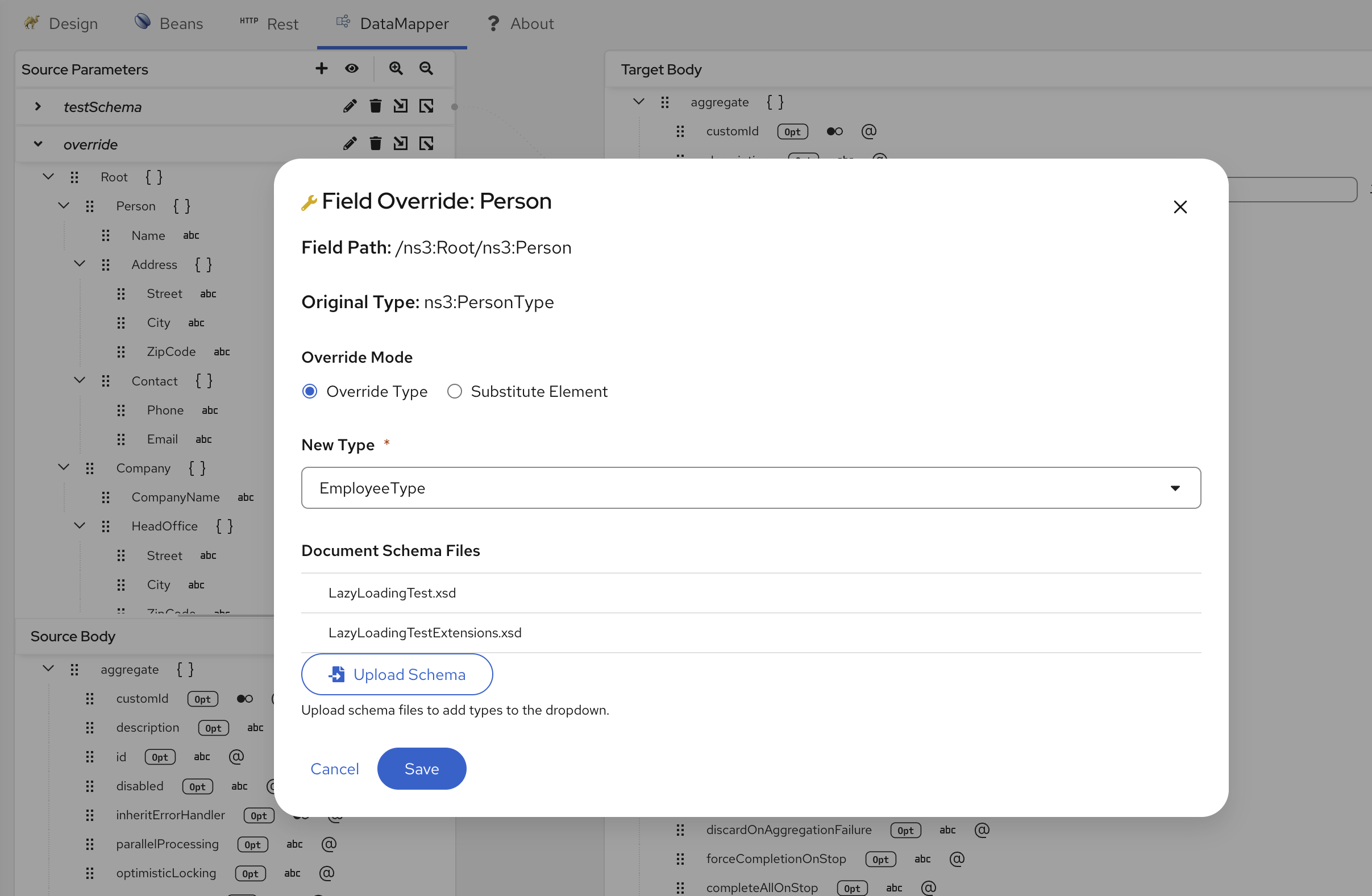 Field Override modal with Override Type / Substitute Element radio buttons and typeahead selector