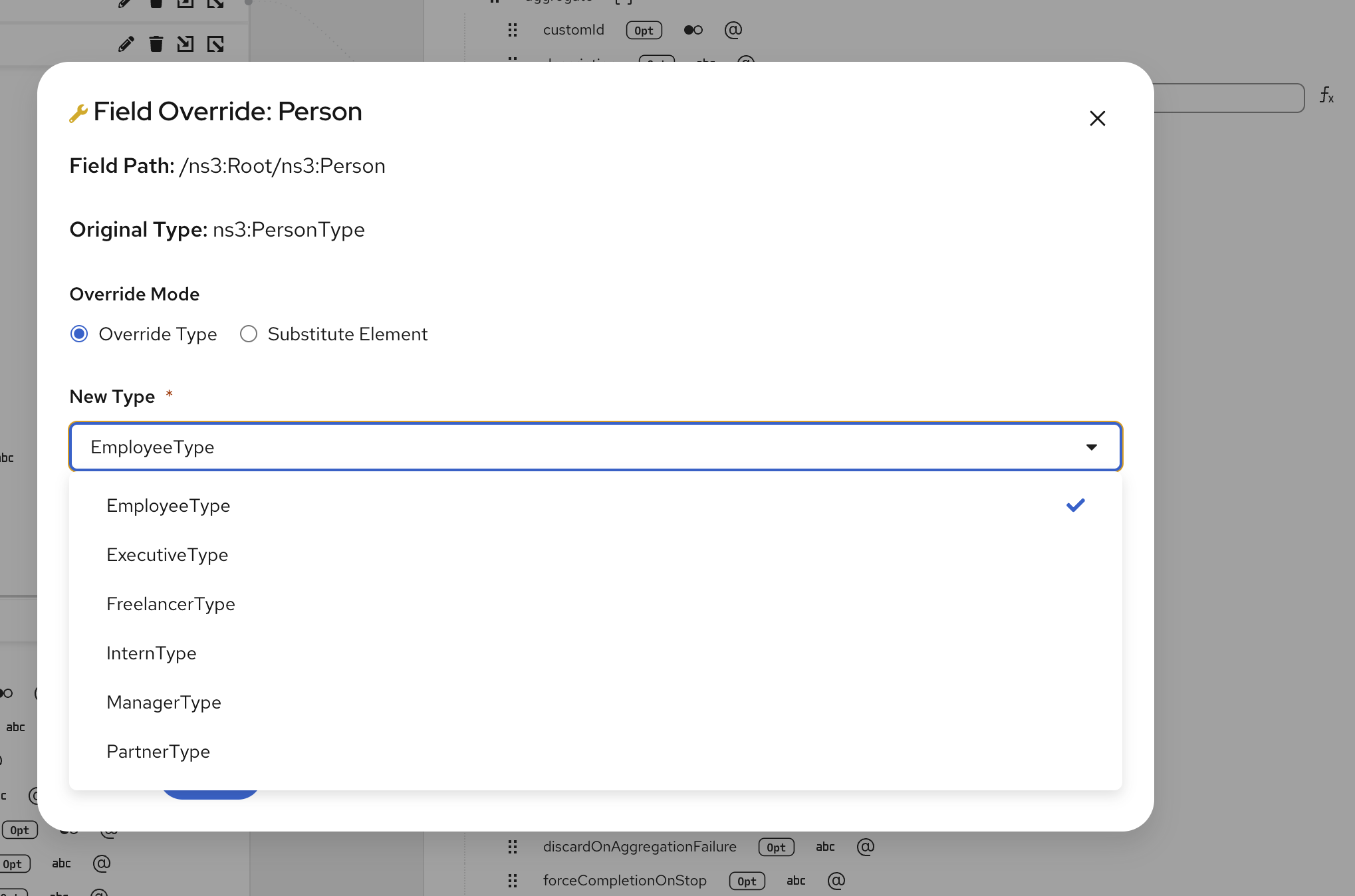 Override Type selected with typeahead list of compatible types