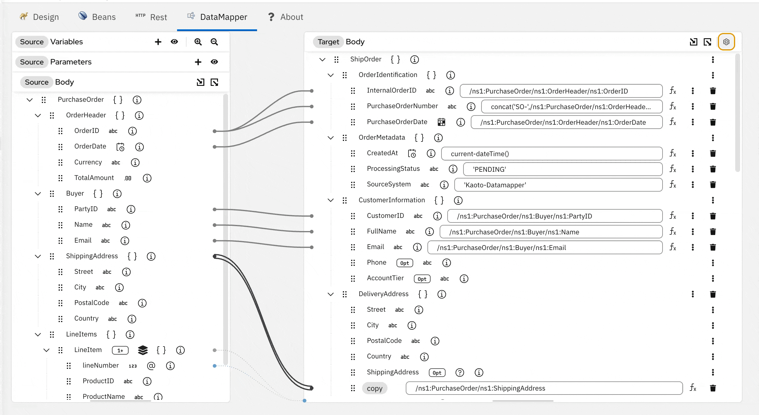 DataMapper Settings modal — open via the gear icon in the target body header