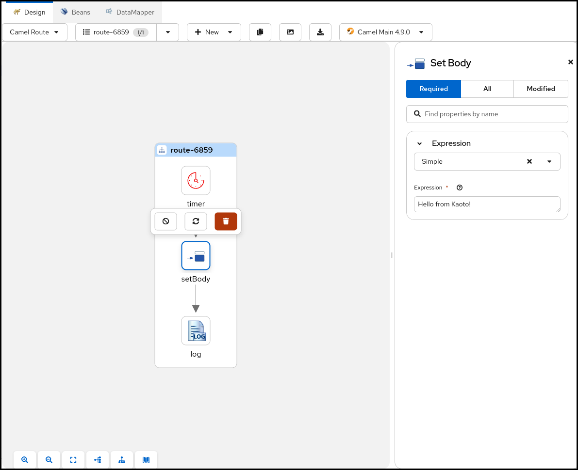 A Screenshot of the route with setBody selected and the configuration form opened