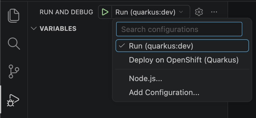 Run and Debug panel showing the available launch configurations for an exported Quarkus project