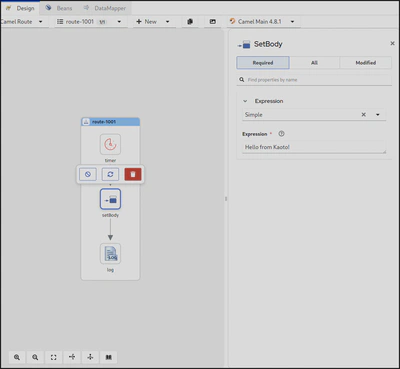 A Screenshot of the route with setBody selected and the configuration form opened