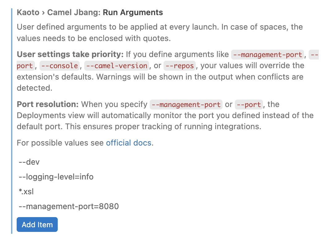 Kaoto settings run arguments