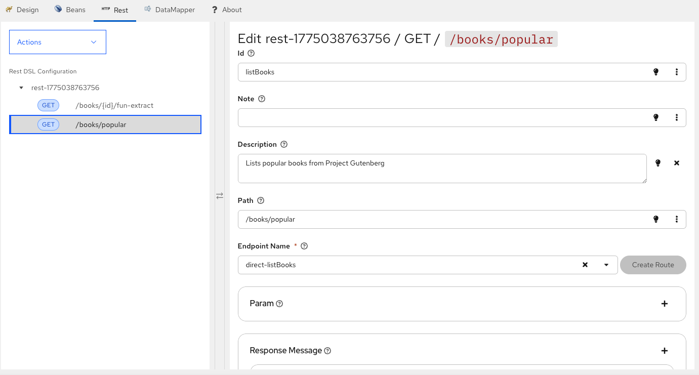 REST operation configuration form