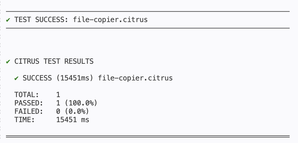 Citrus test run results showing a passing test
