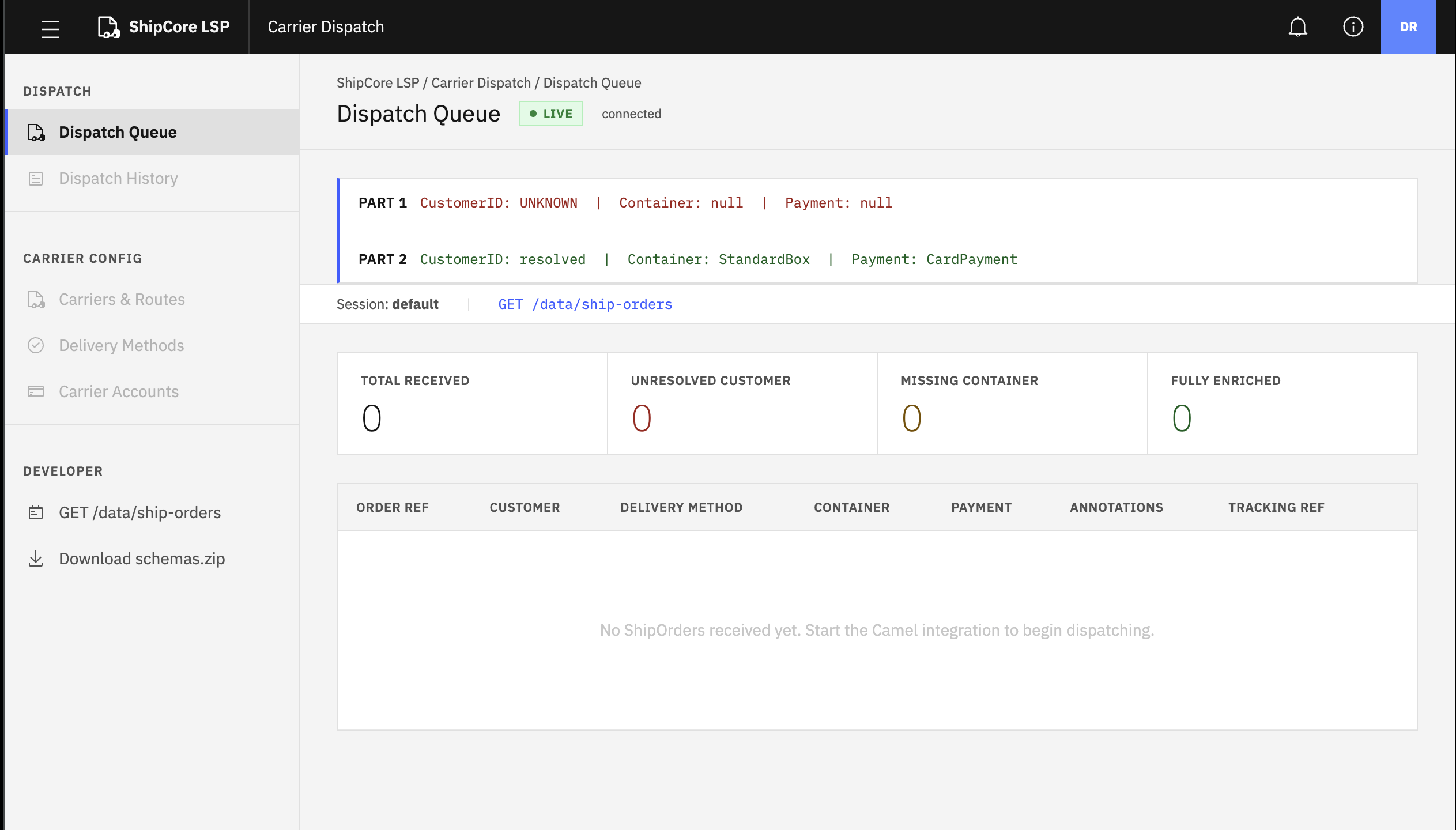LSP dispatch dashboard — empty queue before integration runs