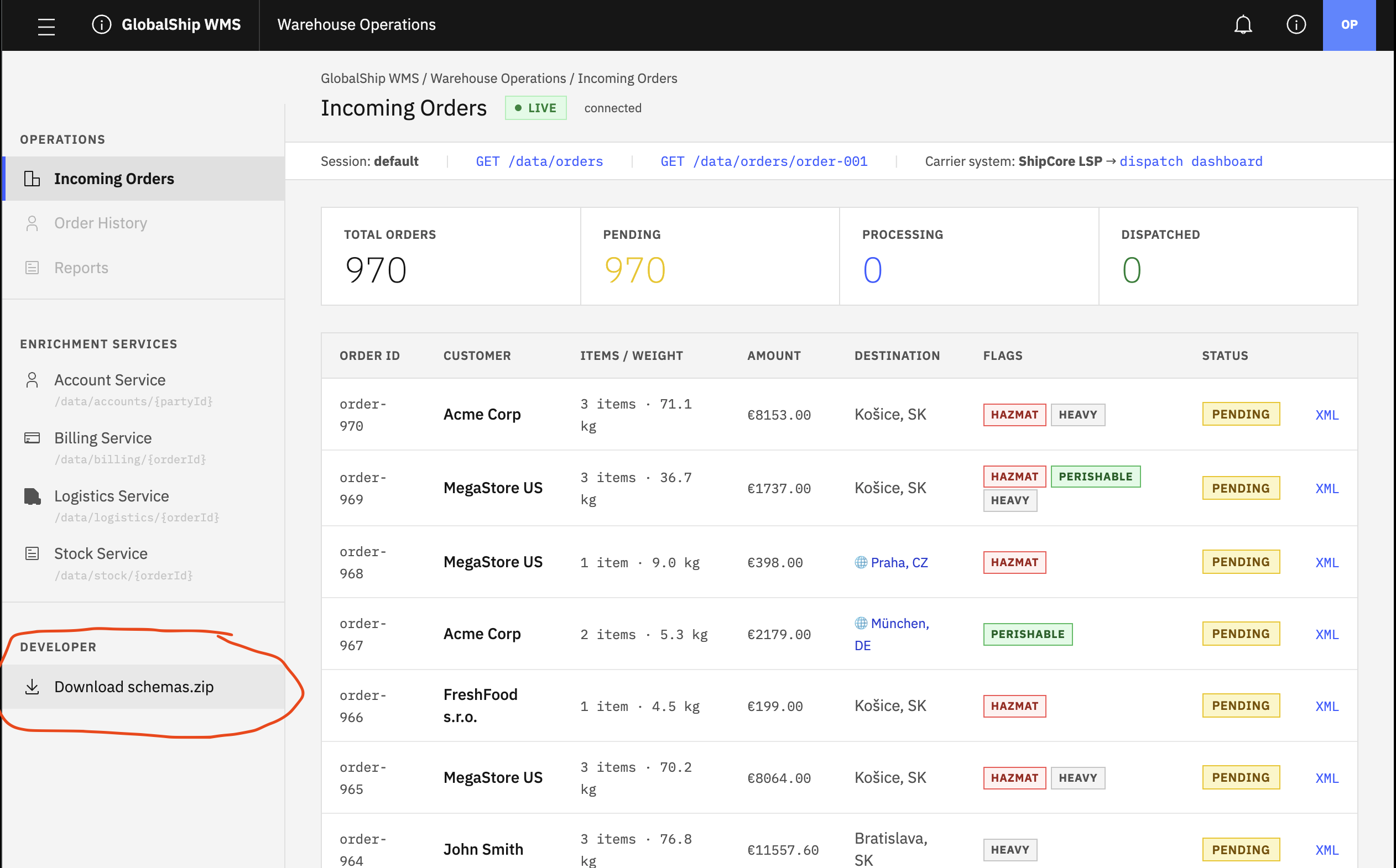 OMS dashboard — Download schemas.zip link