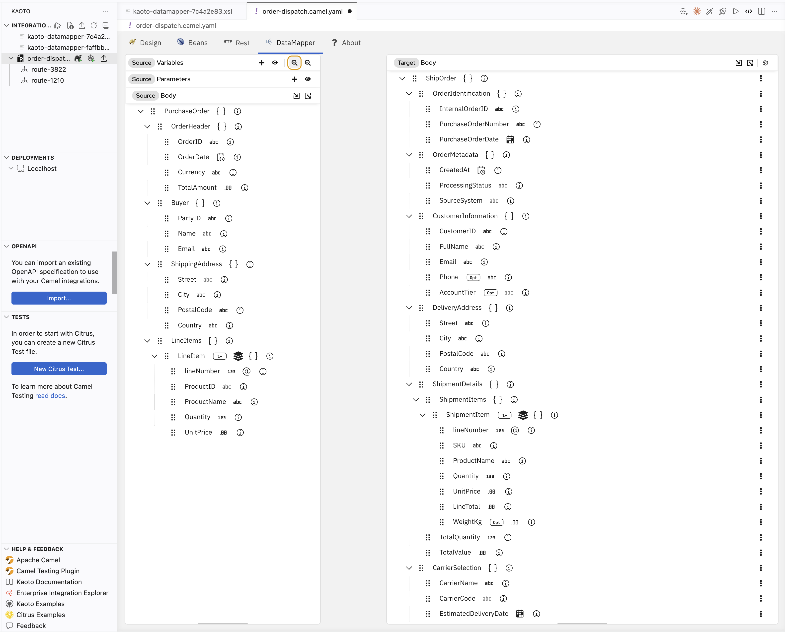 Both schemas loaded — source tree on left, target tree on right