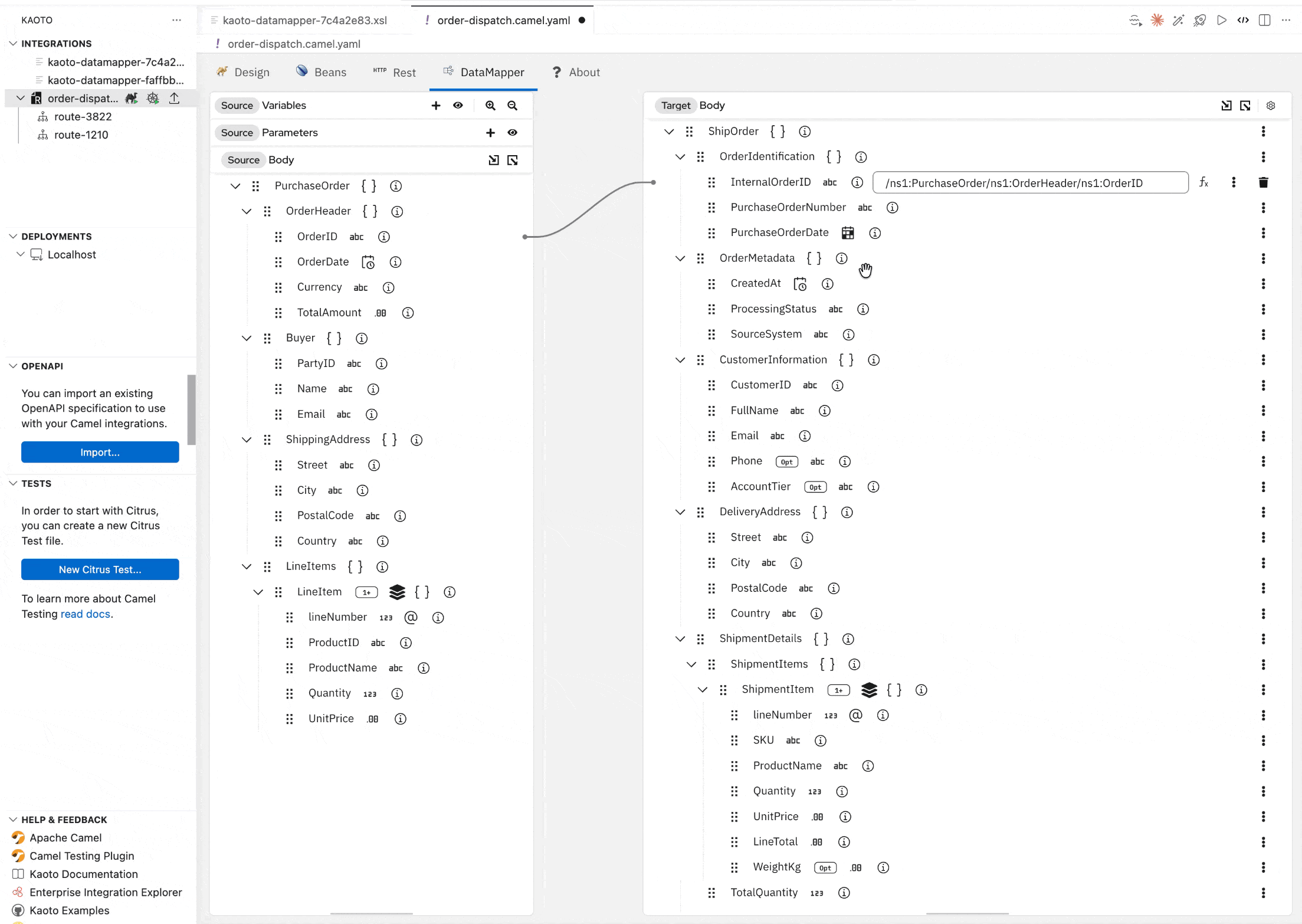 Drag OrderID and OrderDate, then double-click PurchaseOrderNumber → fx to build the concat expression
