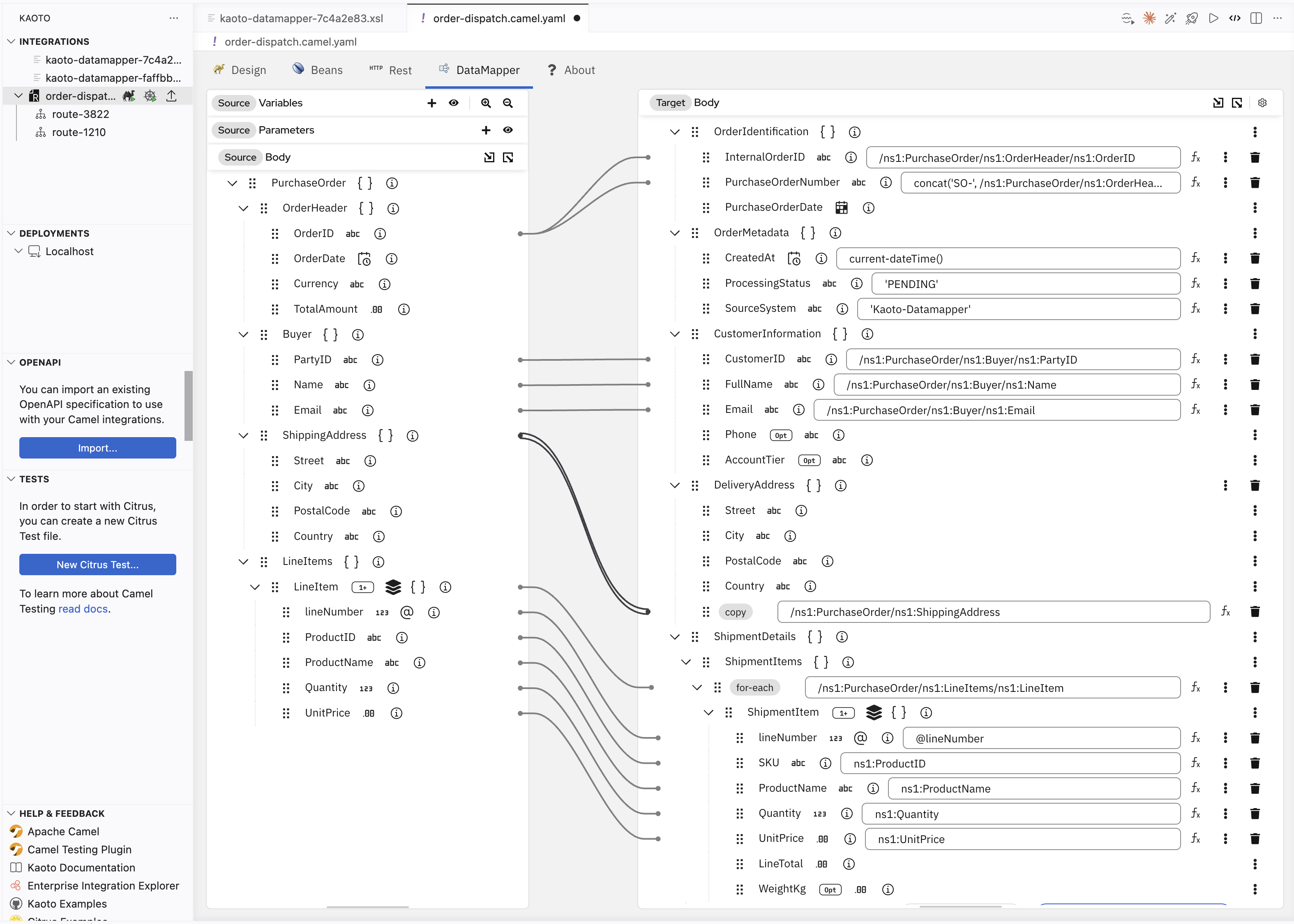 Complete DataMapper mapping — all fields connected