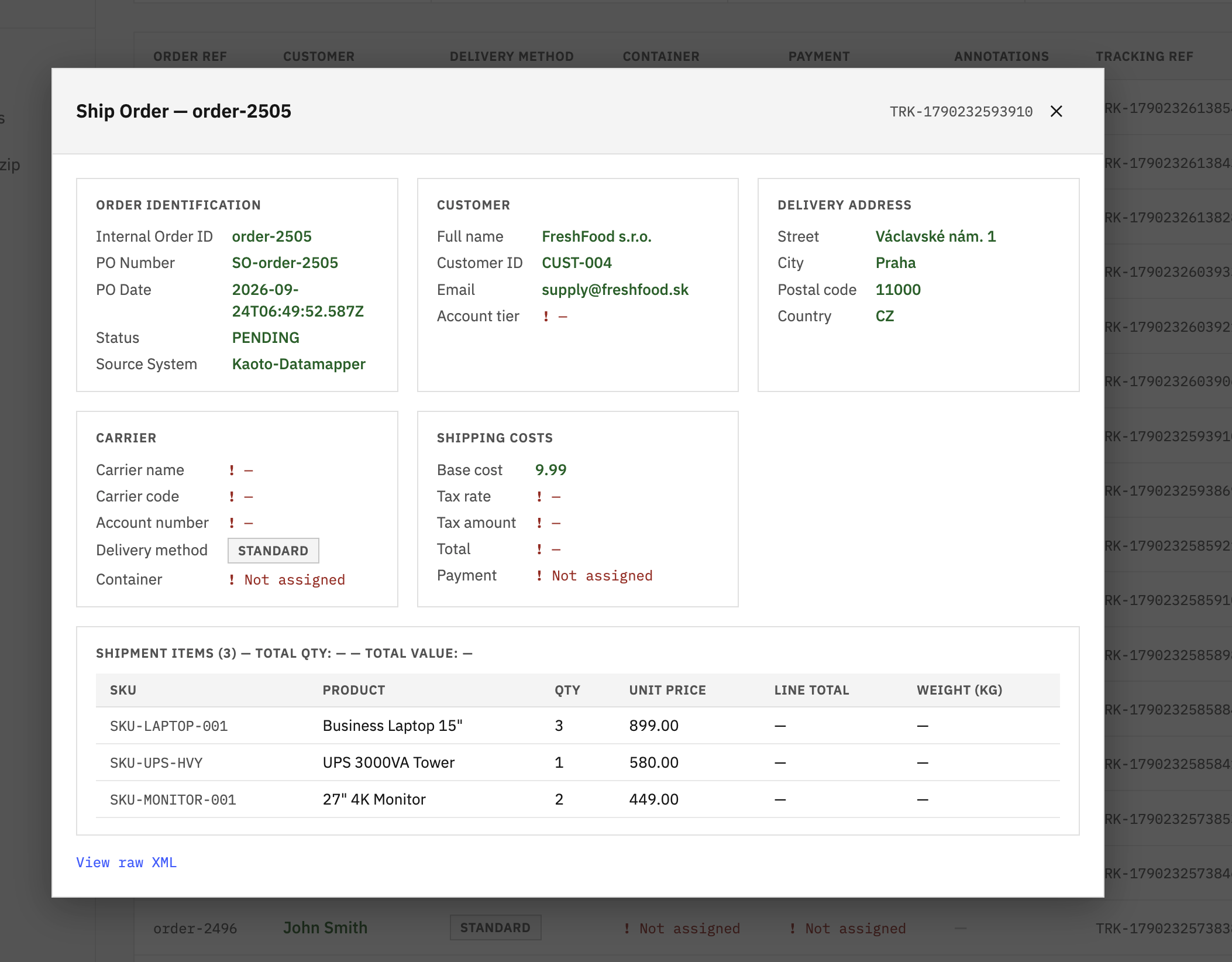 A dispatched order — mapped fields visible in the LSP dispatch detail